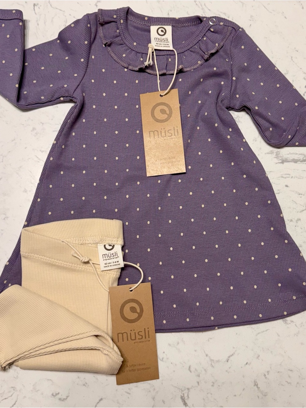 💜NWT- müsli Purple Dot Knit Dress with Cream Leggings- 3-6M